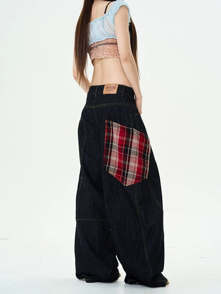 Plaid-Patch Wide-Leg Denim Cargo Pants