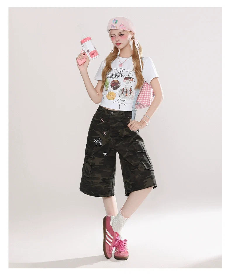 Camo Print Cargo Culottes with Star and Bow Patches
