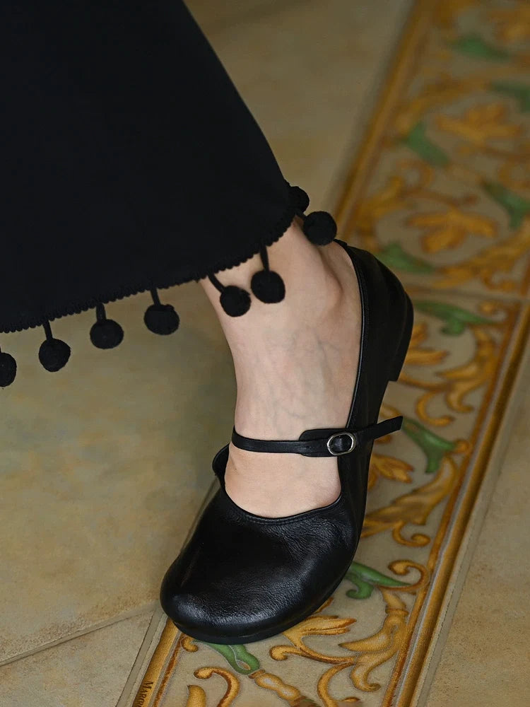 Black Leather Mary Jane Flats - Skipkicks