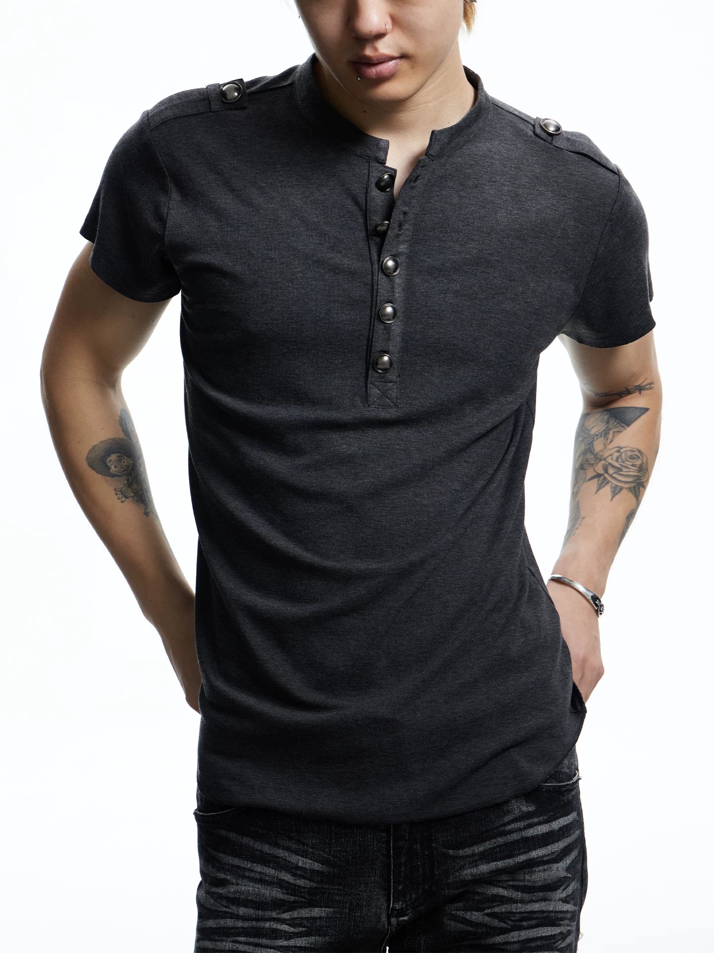 Button Placket Shoulder Tab T-Shirt