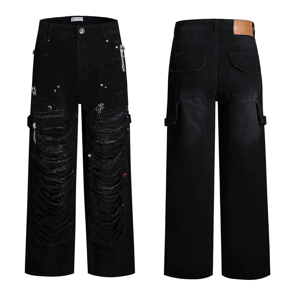 Distressed Rhinestone Wide Leg Cargo Jeans