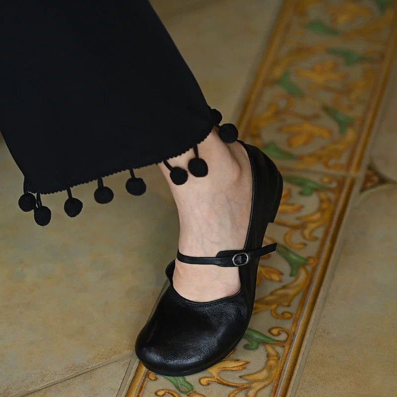 Black Leather Mary Jane Flats - Skipkicks