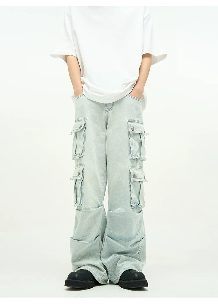 Light Wash Baggy Cargo Jeans with Multiple Flap Pockets
