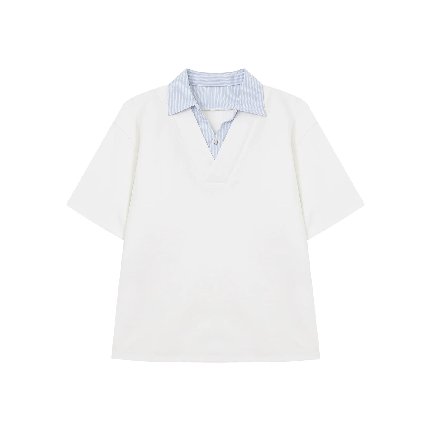 T-shirt with Faux Layered Blue Striped Shirt Collar and Placket