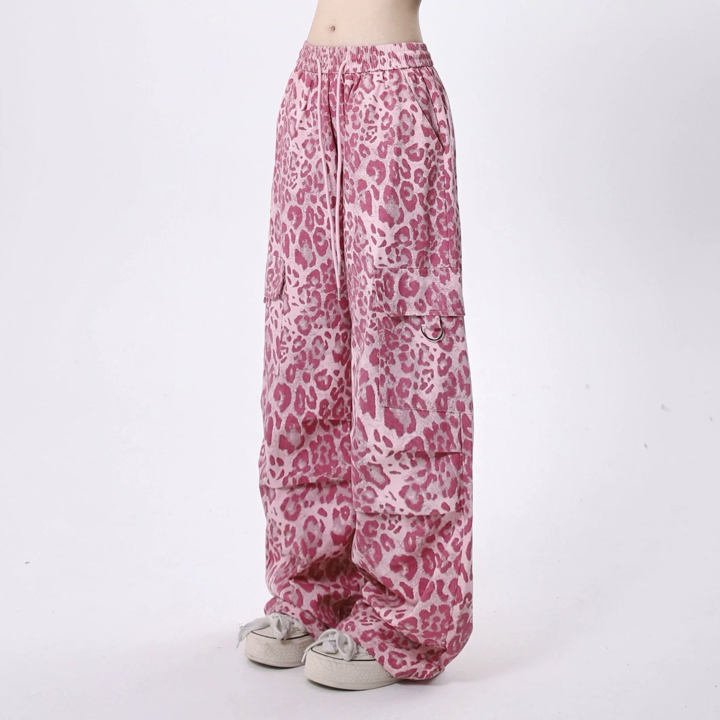 Pink Leopard Print Wide Leg Cargo Pants