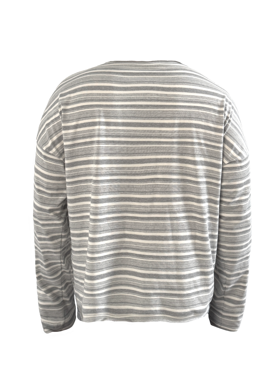 Soft Grey Horizontal-Stripe Relaxed Long-Sleeve Tee