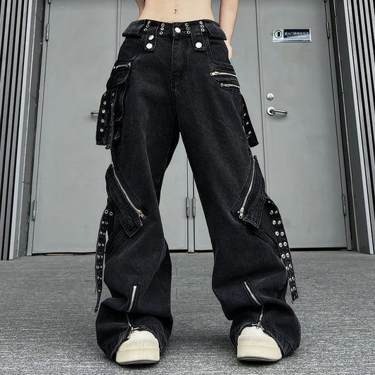 Men's Strap-Rivet Wide-Leg Cargo Jeans – Effortless Style