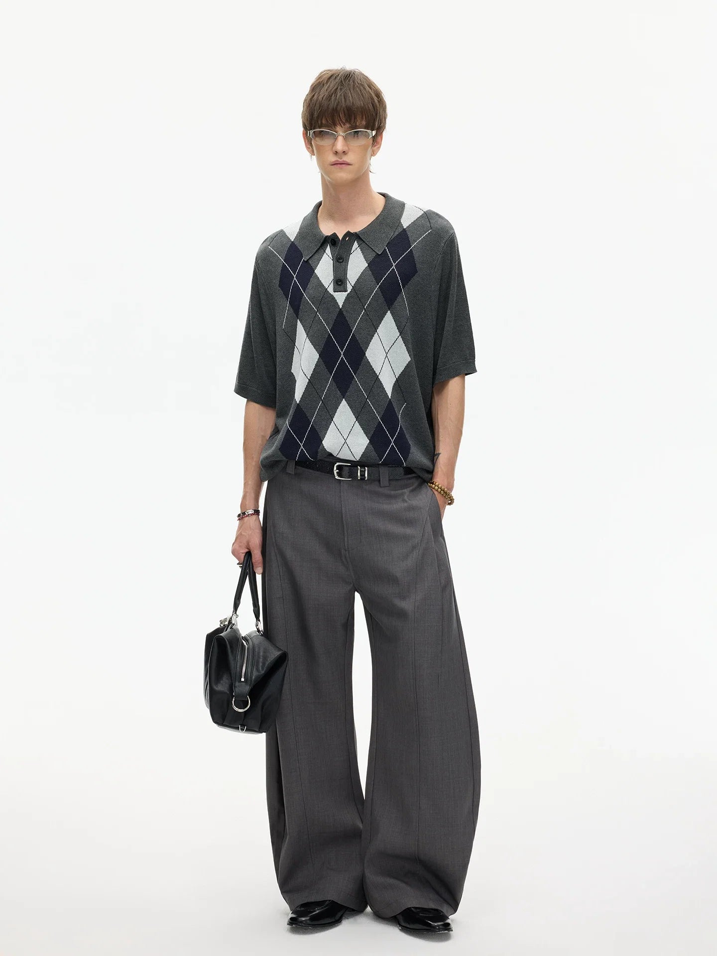 Midnight Argyle Knit Polo Tee