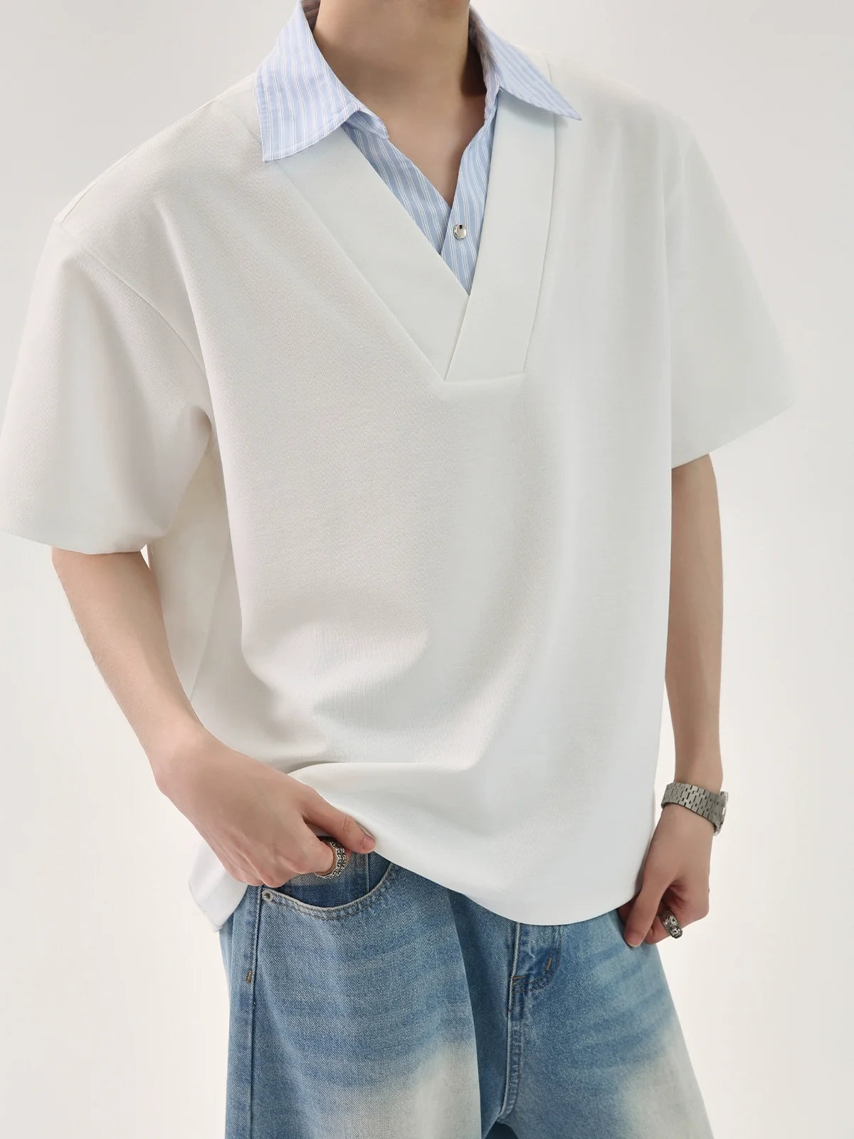 T-shirt with Faux Layered Blue Striped Shirt Collar and Placket