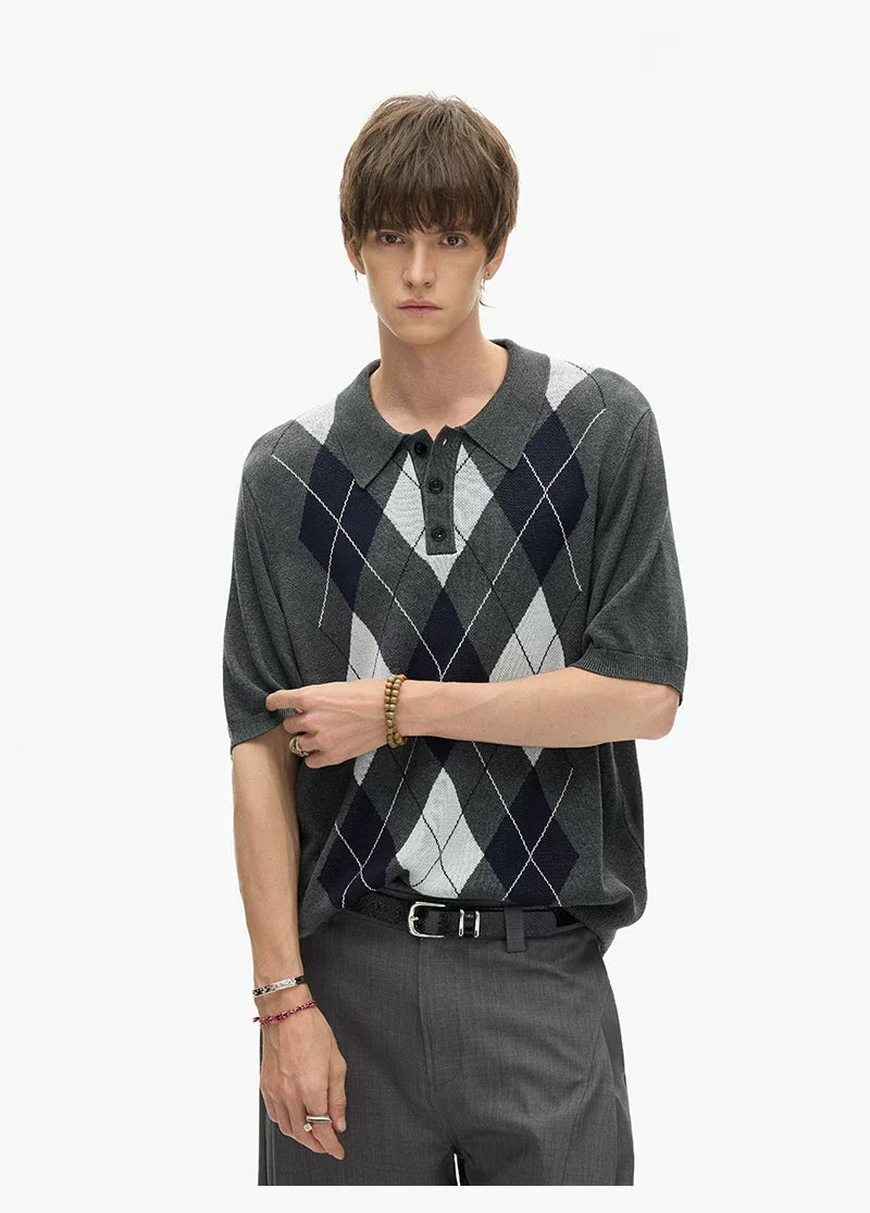 Midnight Argyle Knit Polo Tee