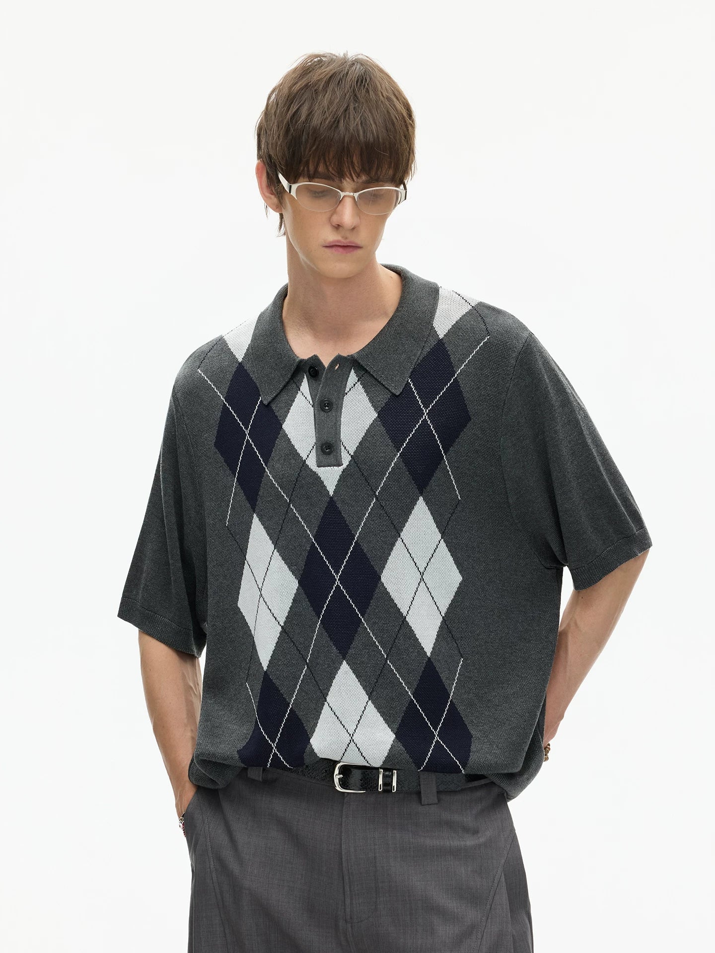 Midnight Argyle Knit Polo Tee