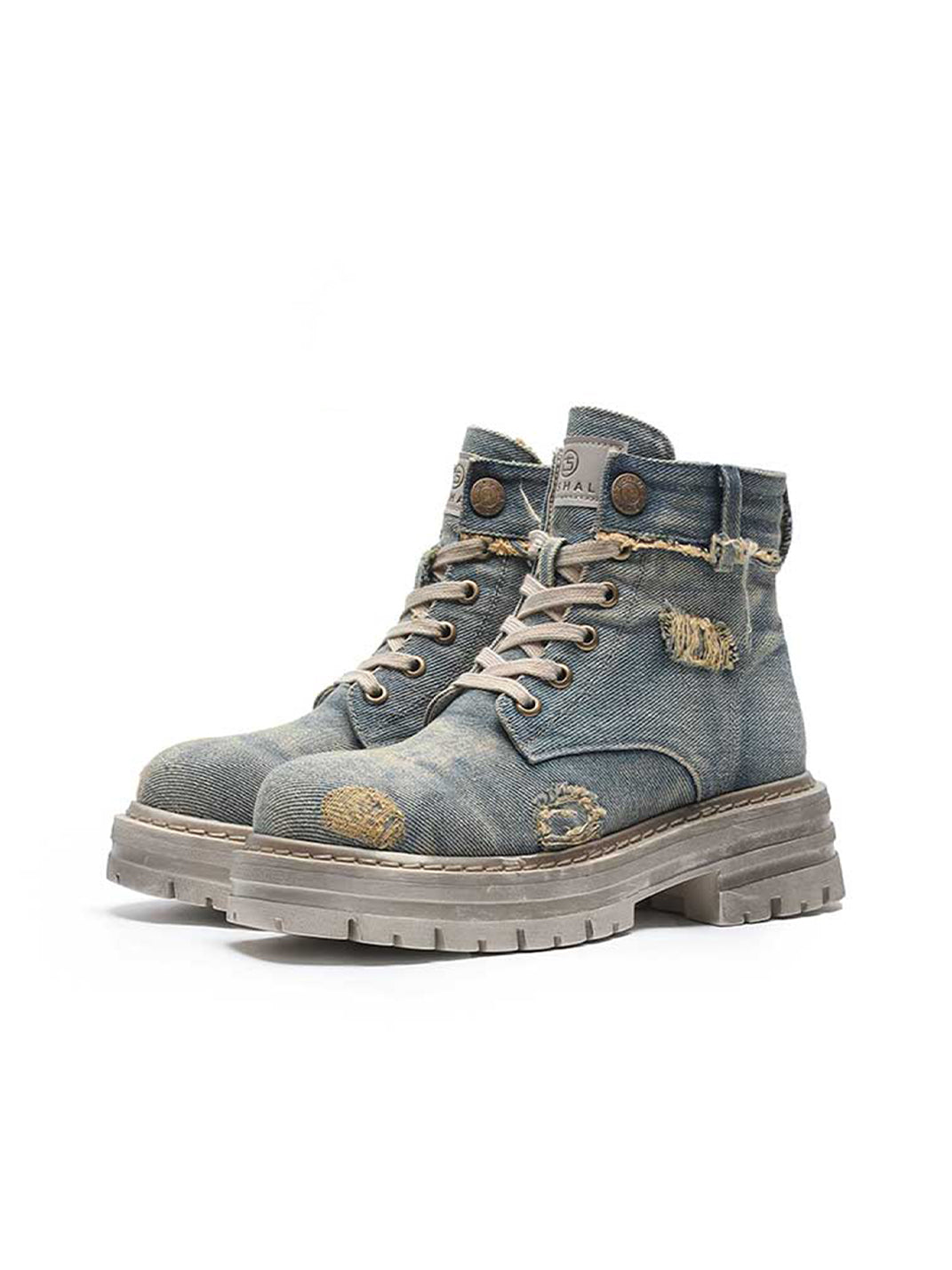 Denim Ripped Platform Boots with Ribbons - Skipkicks