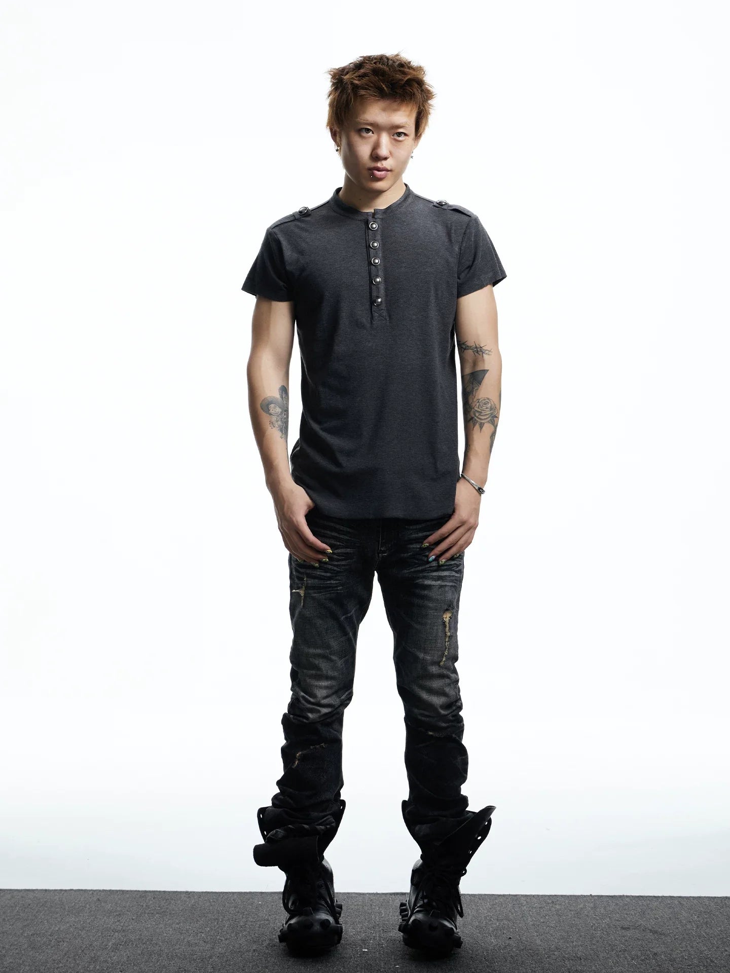 Button Placket Shoulder Tab T-Shirt