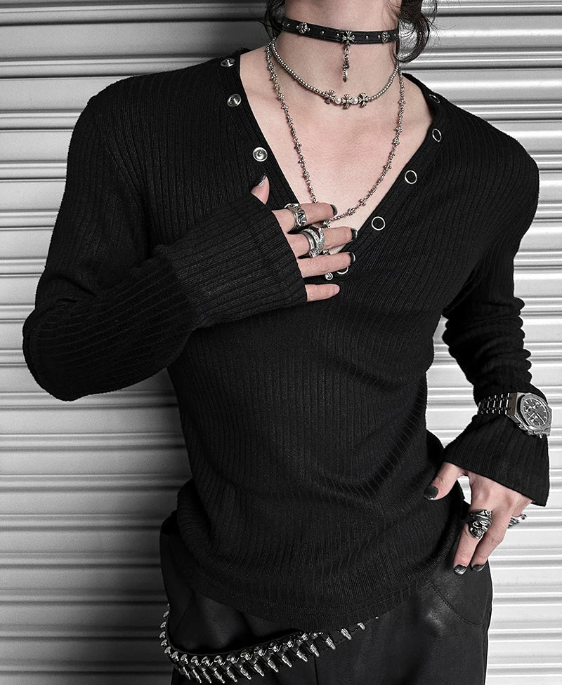 Midnight Rivet Deep V Henley