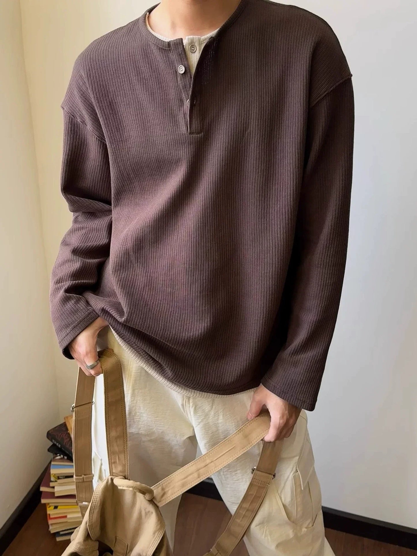 Ribbed Button Up Henley Shirt