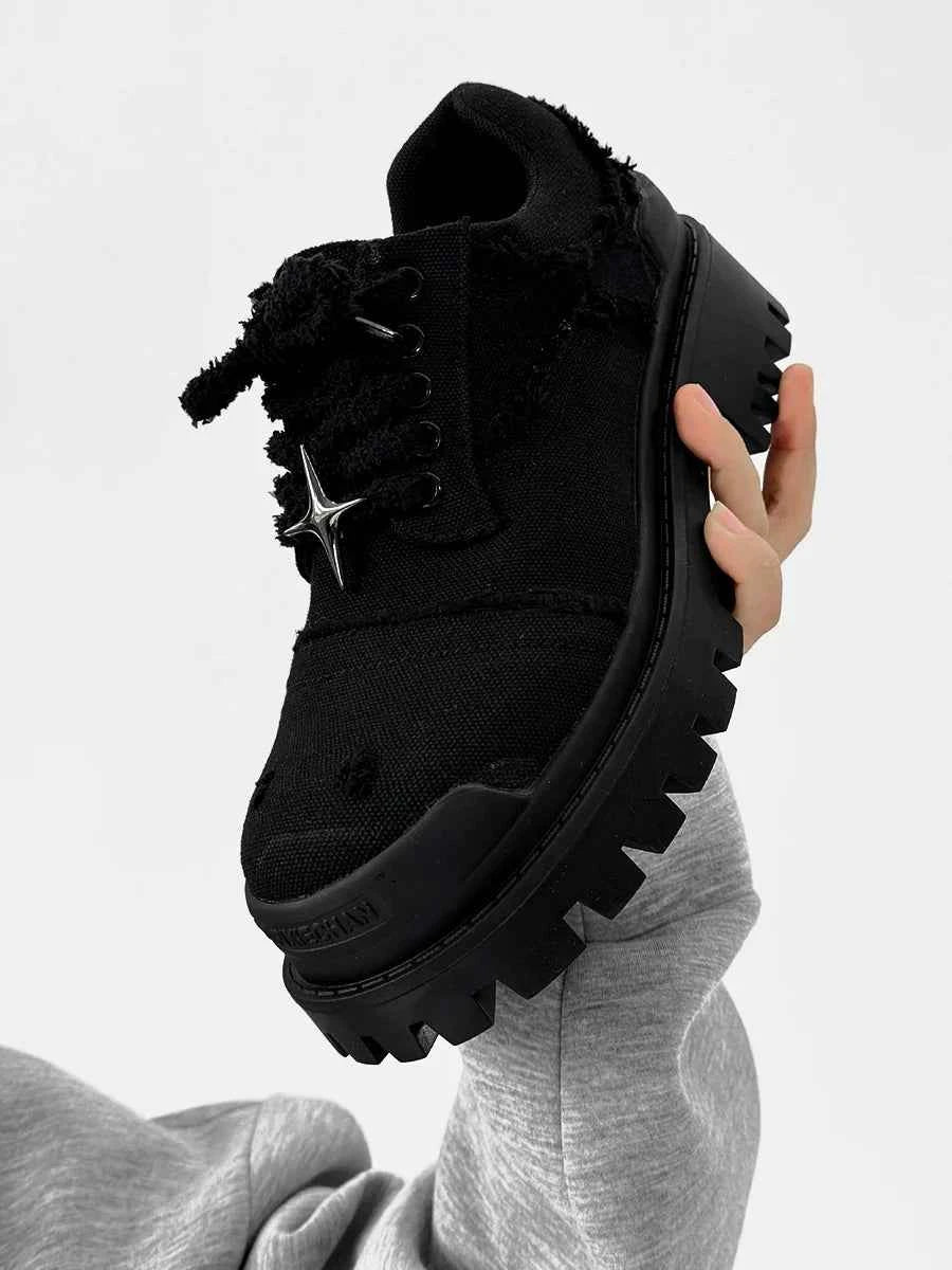 Chunky Black Canvas Platform Sneakers with Rugged Soles