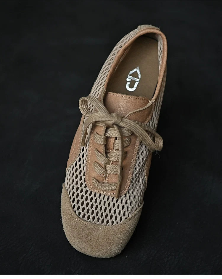 Beige Mesh Suede Lace-Up Sneakers - Skipkicks