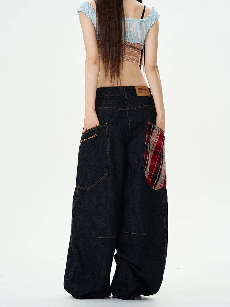 Plaid-Patch Wide-Leg Denim Cargo Pants