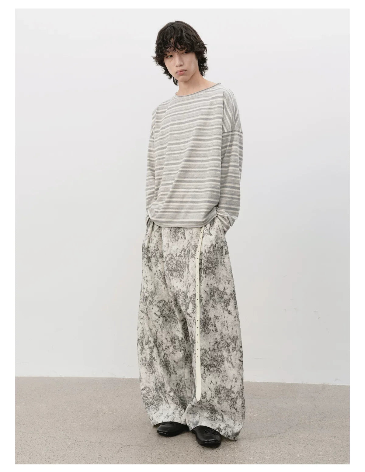 Soft Grey Horizontal-Stripe Relaxed Long-Sleeve Tee