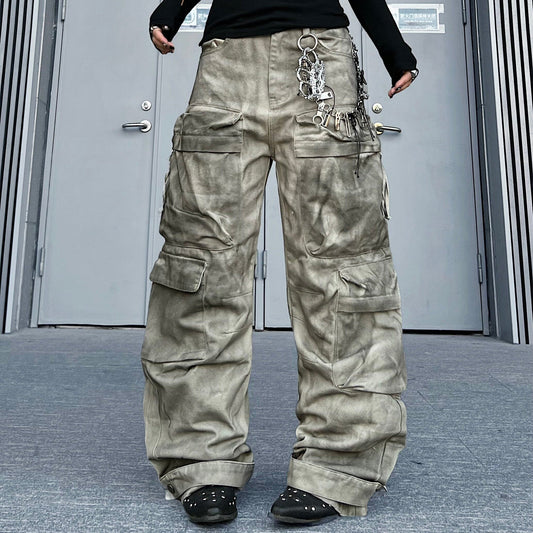 Men's Washed Multi-Pocket Wide-Leg Cargo Pants for Effortless Style