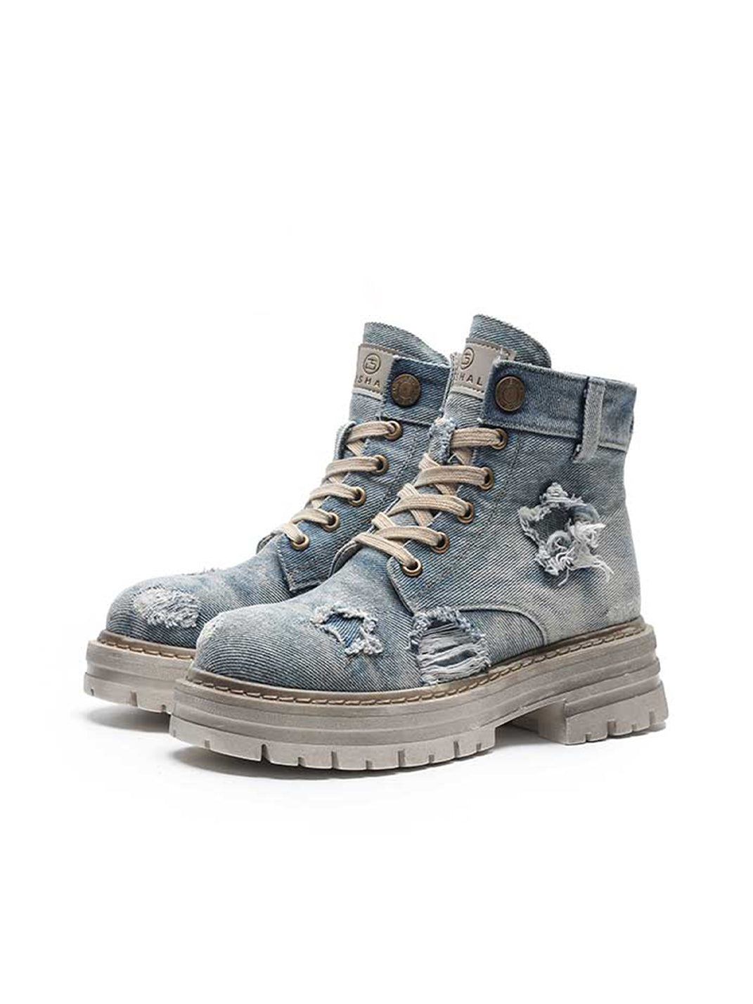 Denim Ripped Platform Boots with Ribbons - Skipkicks