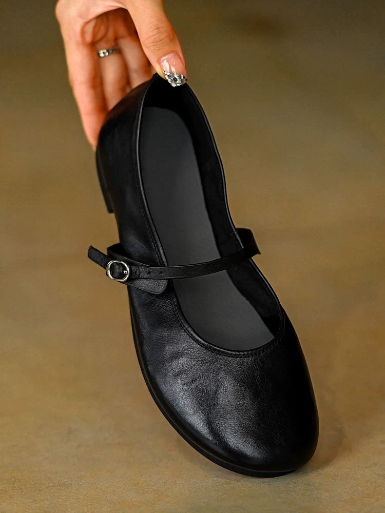 Black Leather Mary Jane Flats - Skipkicks