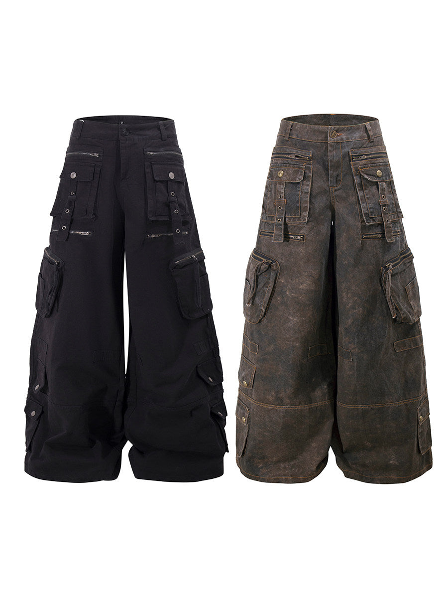 Men's Washed Multi-Pocket Wide-Leg Cargo Pants