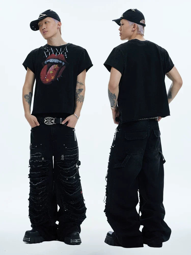 Distressed Rhinestone Wide Leg Cargo Jeans