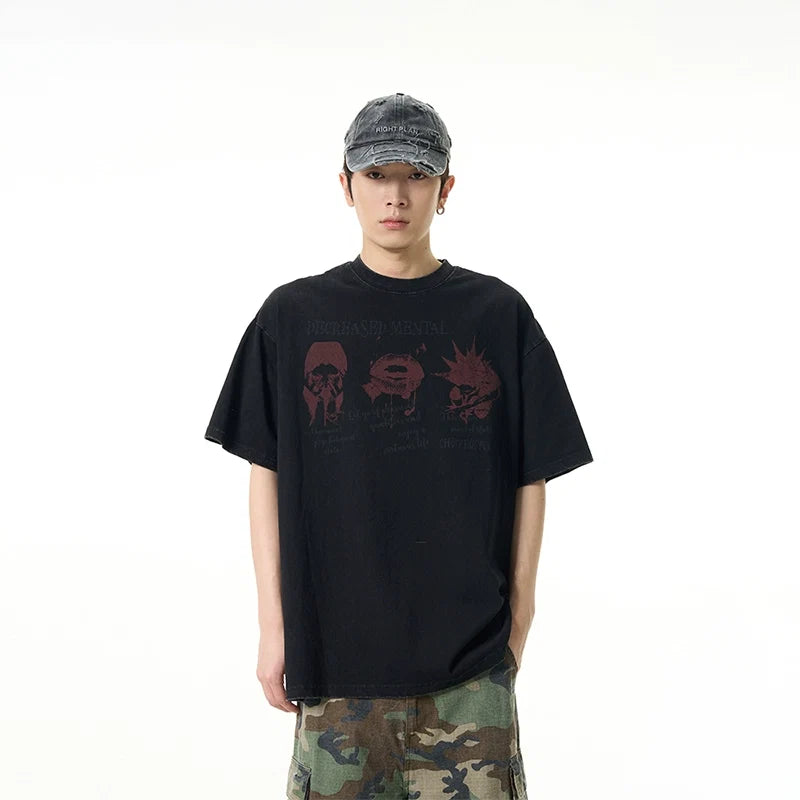 Black Oversized Graphic Tee with Red Print