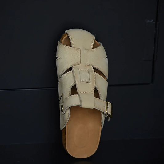 Beige Leather Buckle Strap Sandals