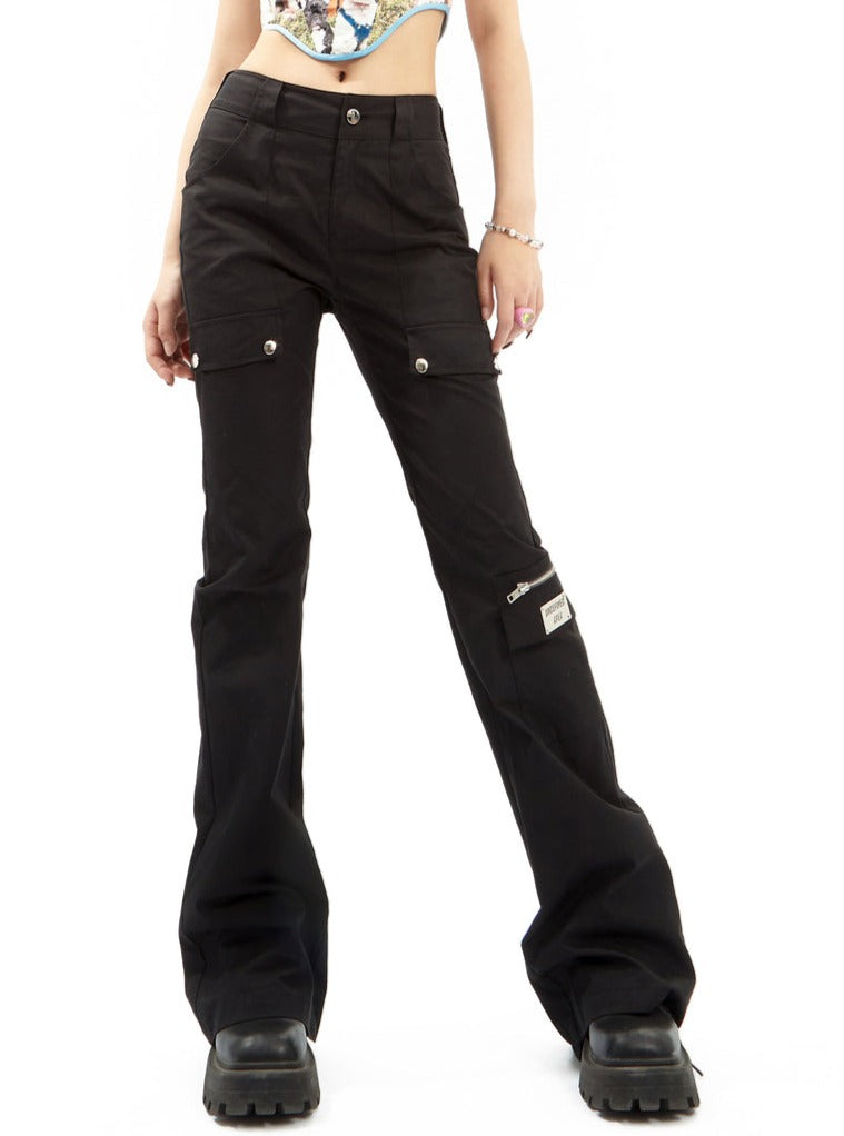 Black Flared Cargo Pants with Multiple Pockets for Style and Function