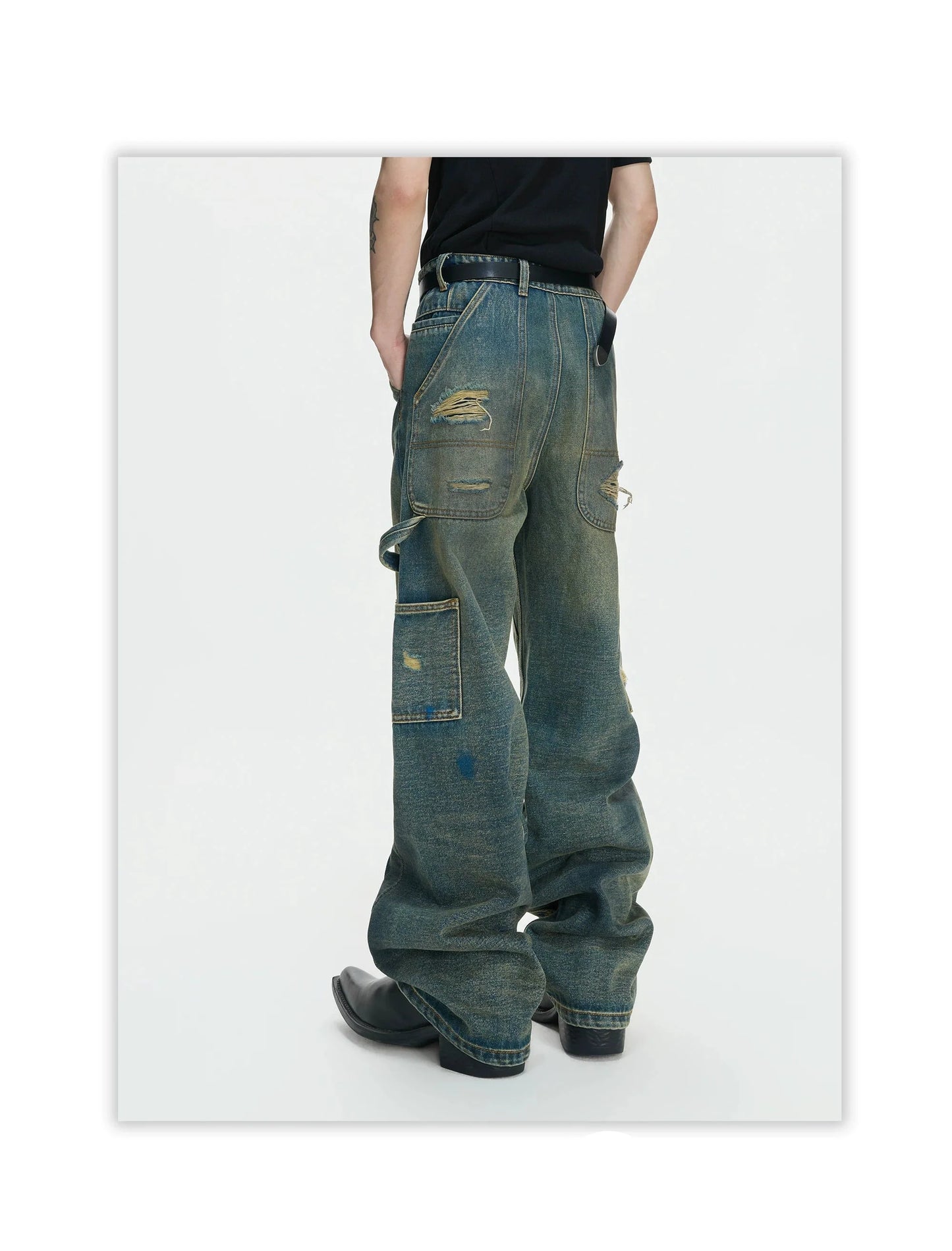 Distressed Panel Wide Leg Cargo Jeans