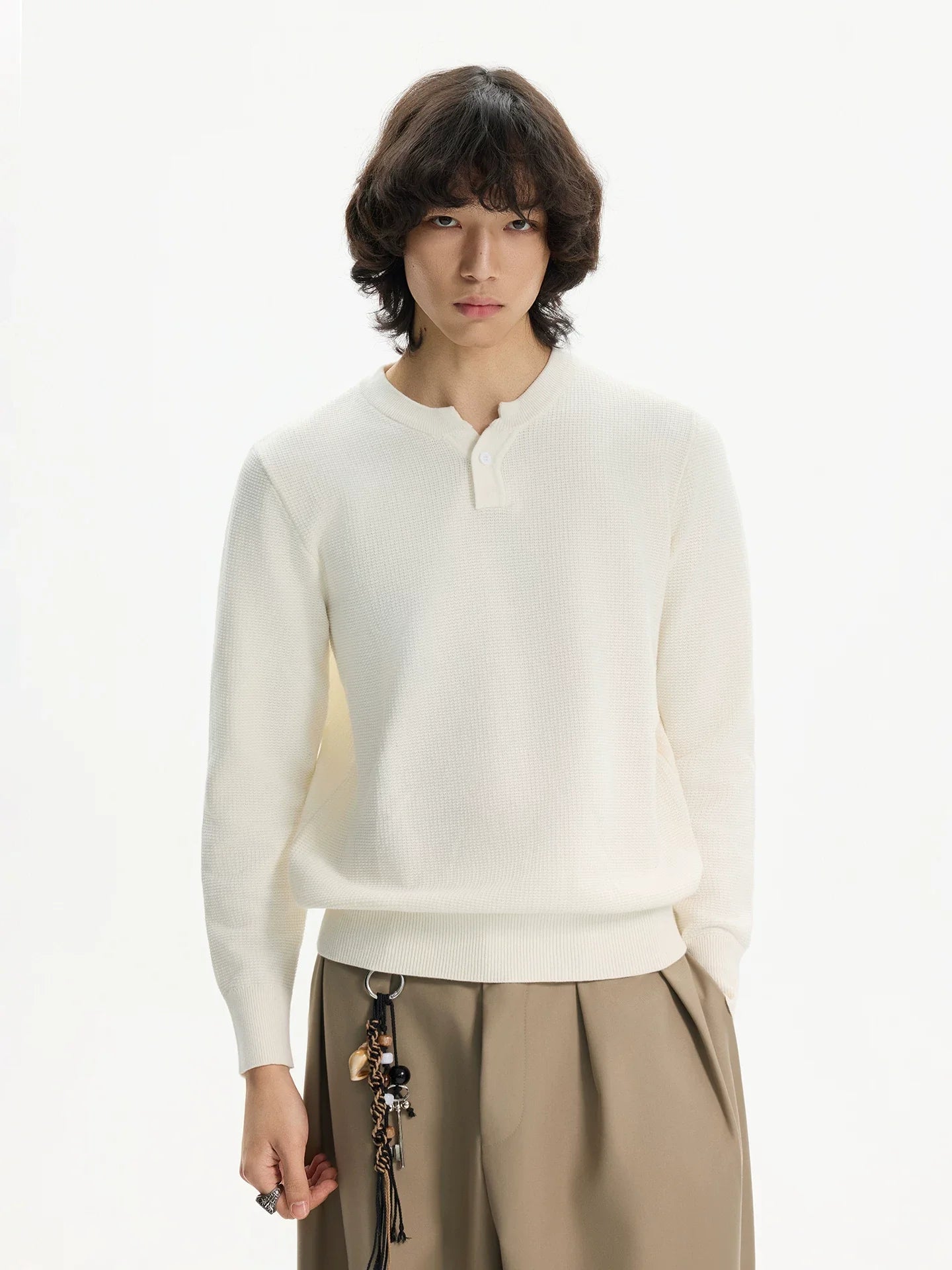 Ivory Waffle Henley Knit
