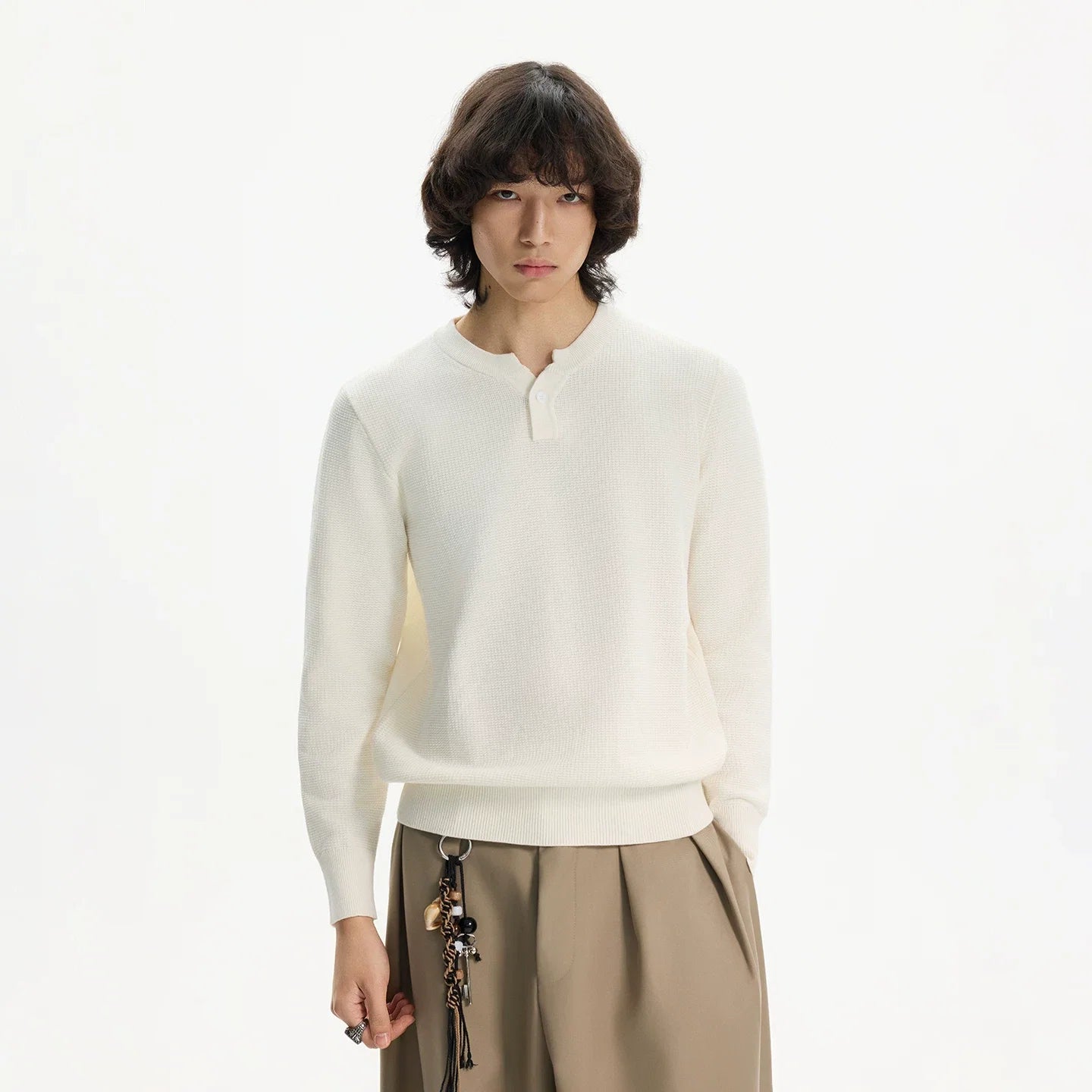 Ivory Waffle Henley Knit