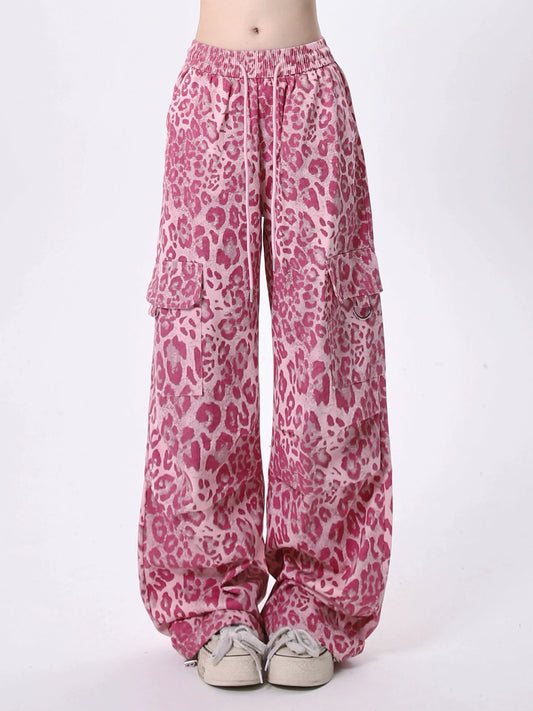 Pink Leopard Print Wide Leg Cargo Pants