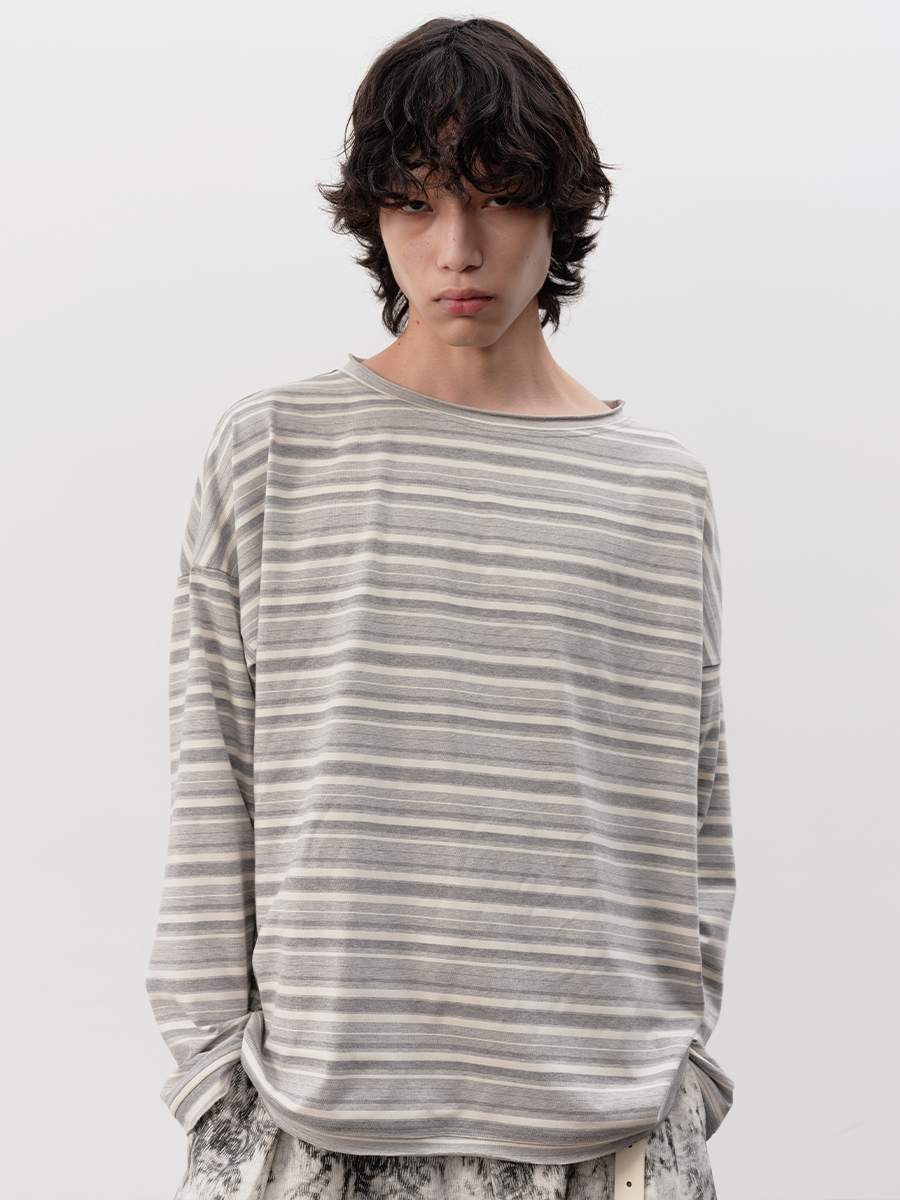 Soft Grey Horizontal-Stripe Relaxed Long-Sleeve Tee