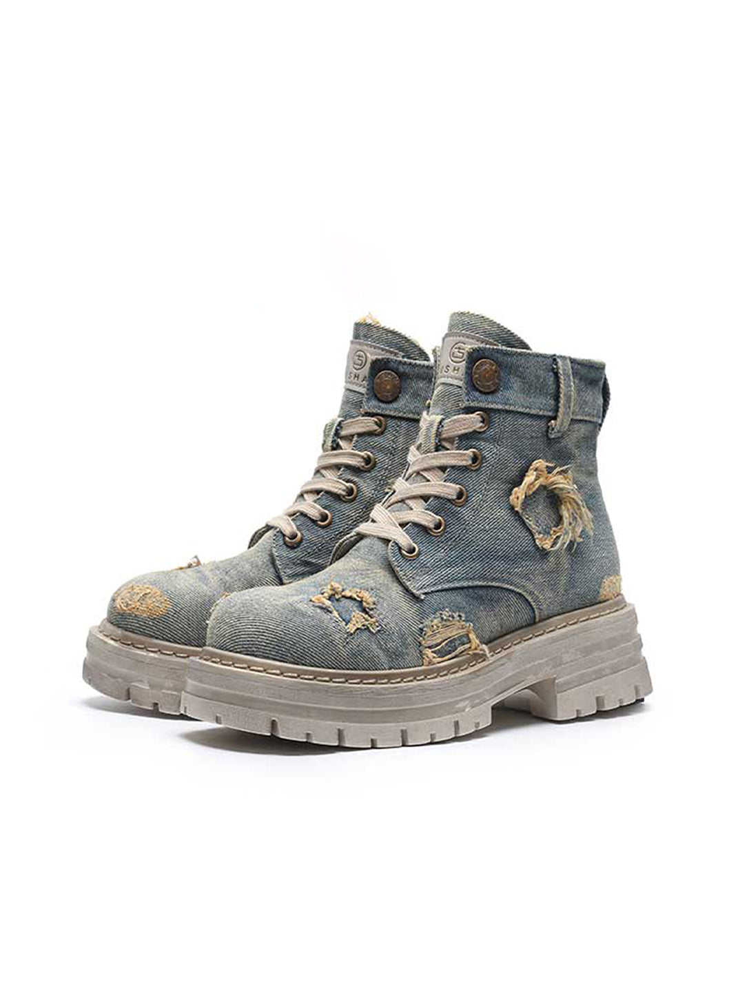 Denim Ripped Platform Boots with Ribbons - Skipkicks