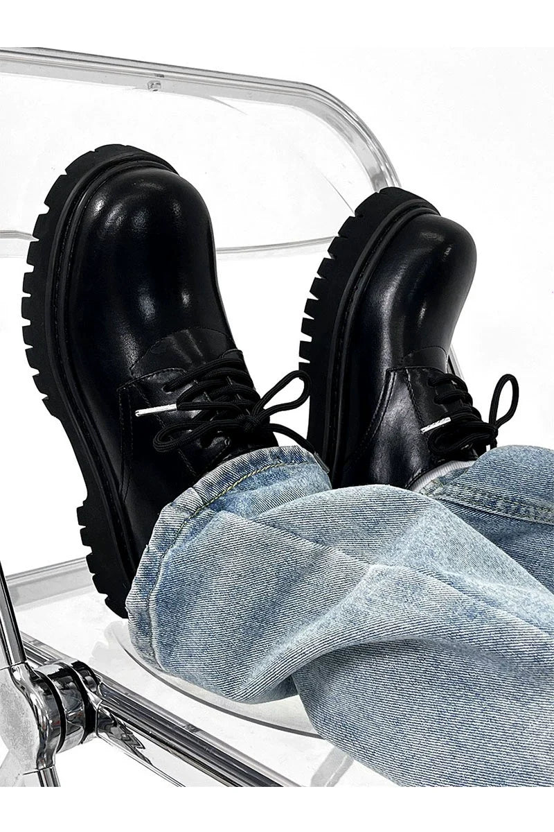 Chunky Black Matte and Glossy Platform Derby Shoes - Skipkicks