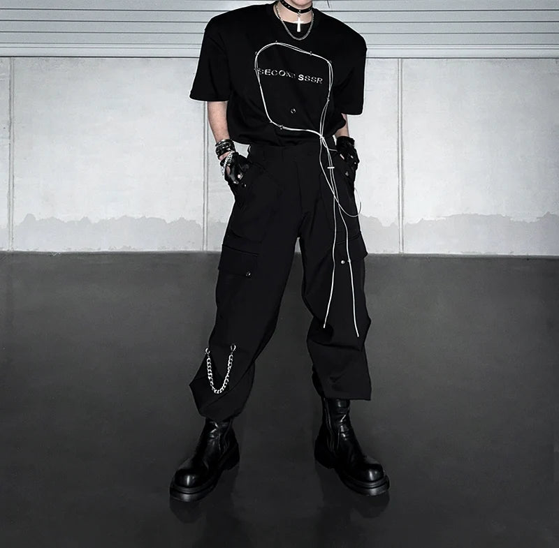 Black Techwear Cargo Pants with Chain