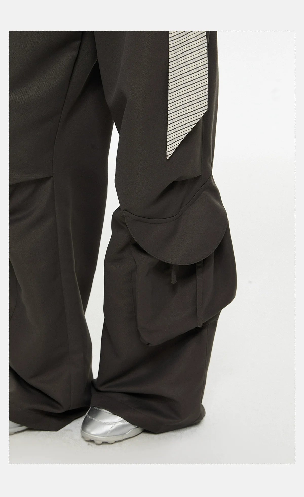 Wide-Leg Dark Cargo Pants with Striped Sash Belt