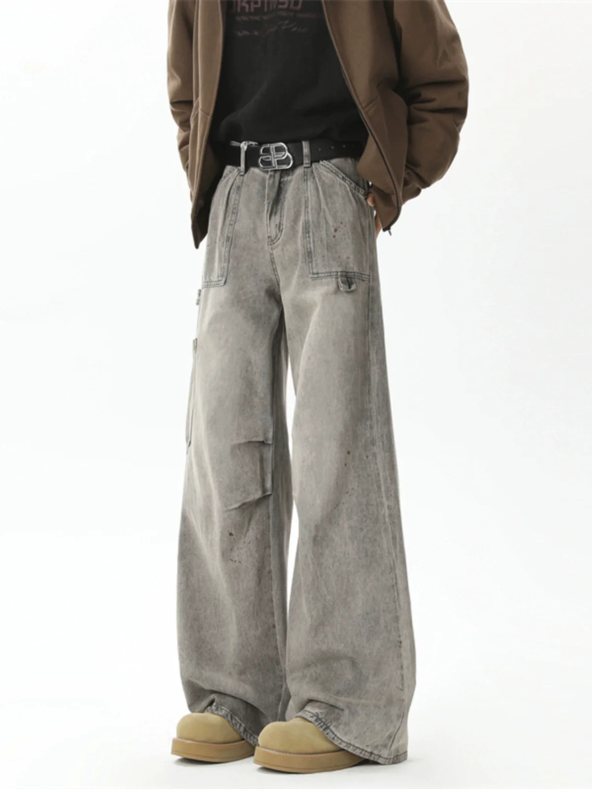 Wide Leg Washed Denim Cargo Pants
