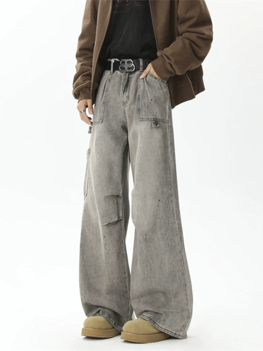 Wide Leg Washed Denim Cargo Pants