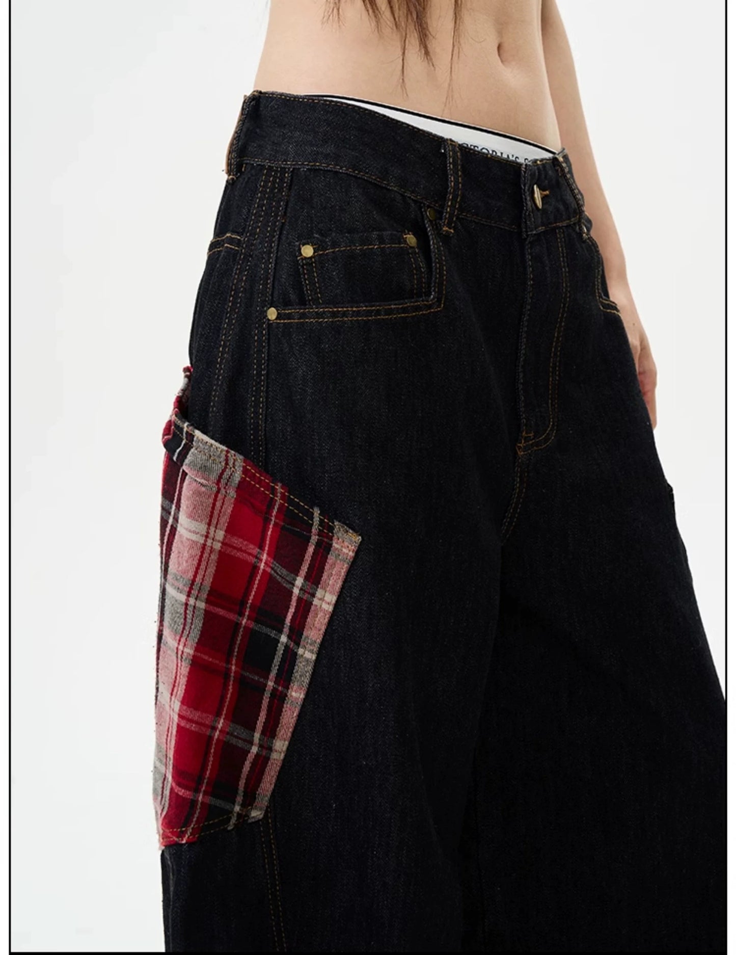 Plaid-Patch Wide-Leg Denim Cargo Pants