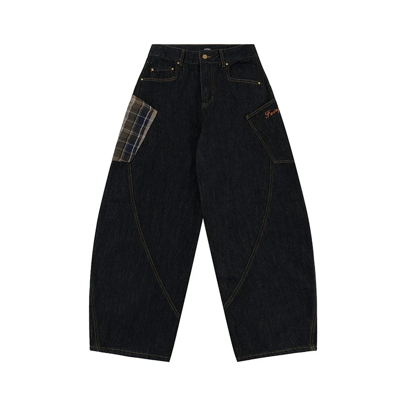 Plaid-Patch Wide-Leg Denim Cargo Pants