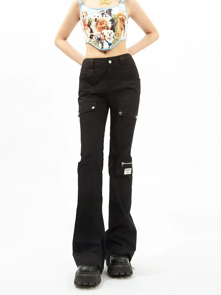 Black Flared Cargo Pants with Multiple Pockets for Style and Function