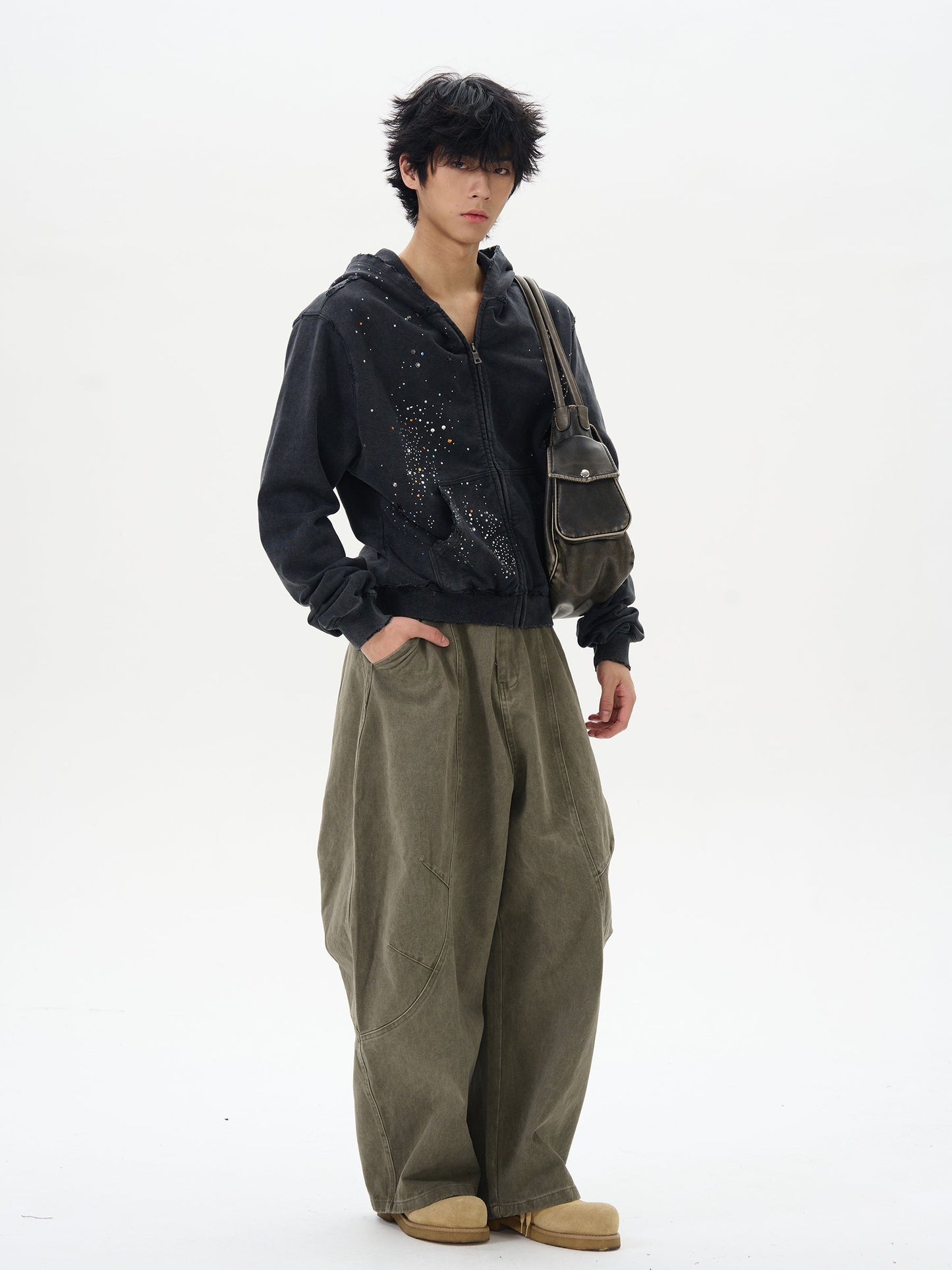 Olive Wide-Leg Cargo Chain Pants