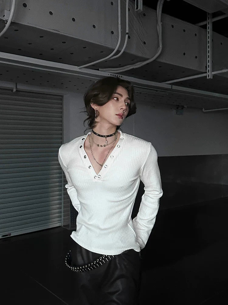 Midnight Rivet Deep V Henley