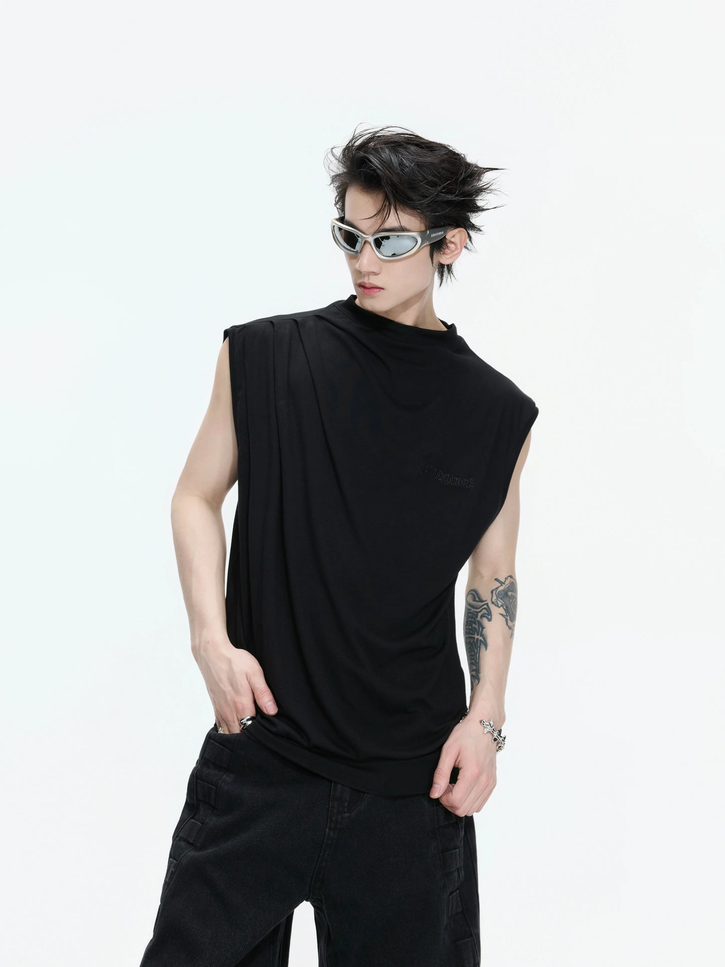 Sleeveless Mock Neck Draped T-Shirt