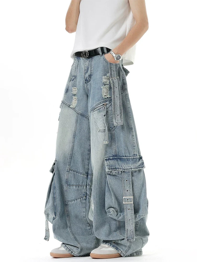 Harness-Ruined Cargo Denim Pants