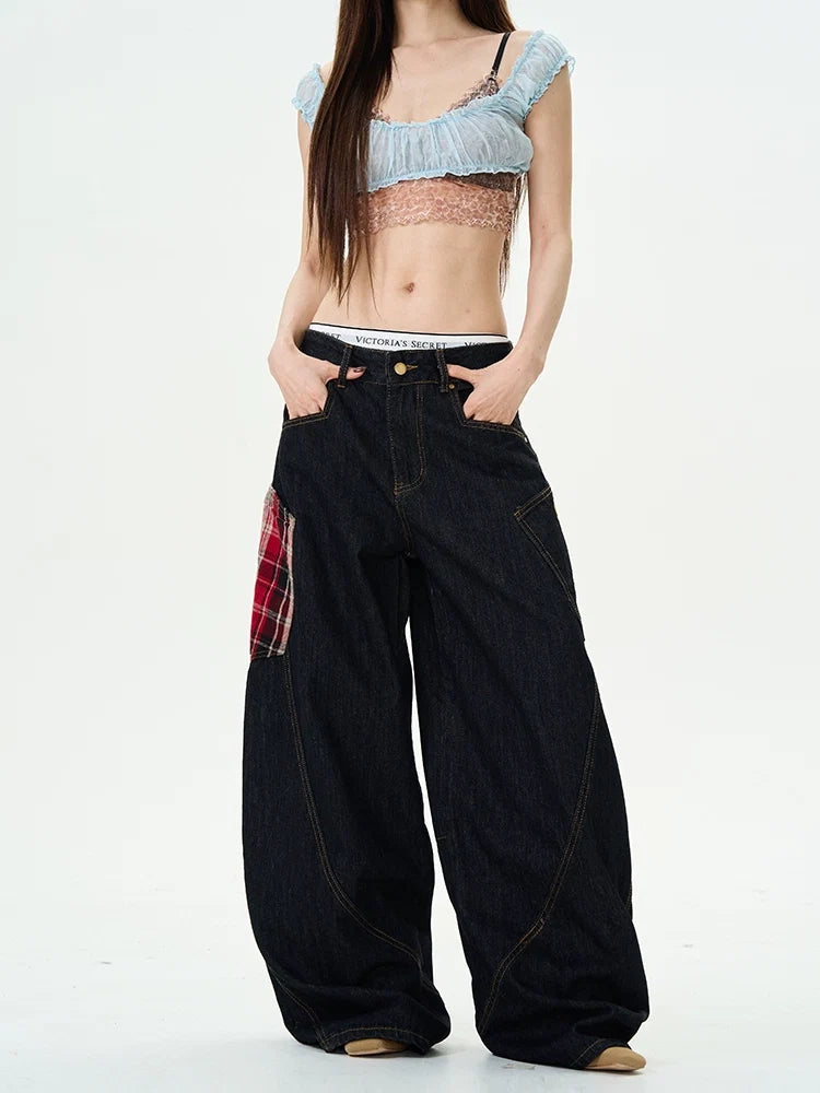 Plaid-Patch Wide-Leg Denim Cargo Pants